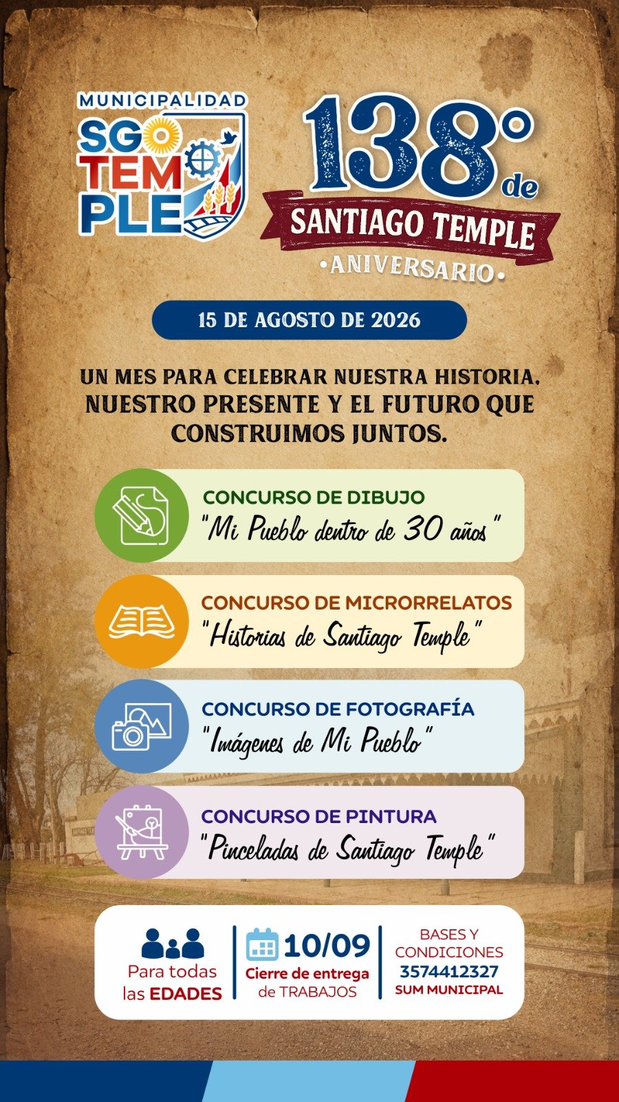 Flyer de los cuatro concursos por el 138.&deg; aniversario de Santiago Temple